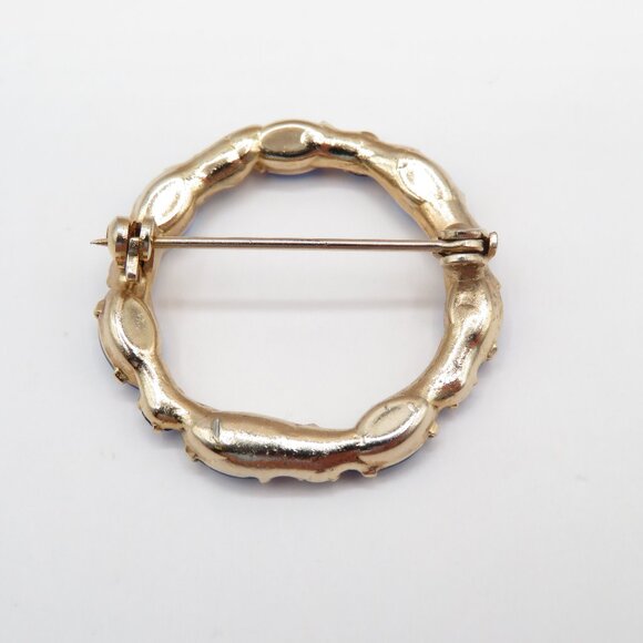 Vintage Blue Round Navette Rhinestones Gold Tone Circle Brooch - Picture 5 of 6